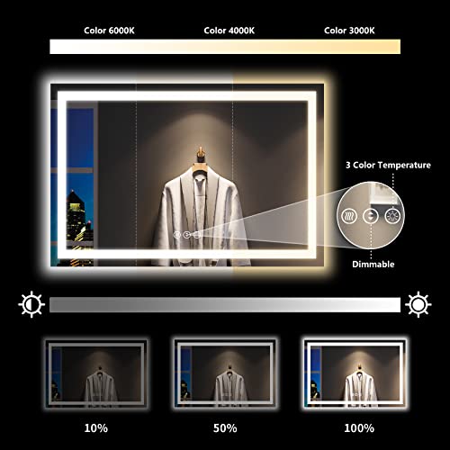 Image of 55x36 Inch LED Bathroom Mirror with Lights Front and Backlit Lighted Vanity Mirror for Bathroom Wall with 3 Colors Dimmable Anti-Fog Memory Shatter-Proof IP54 Waterproof Horizontal /Vertical