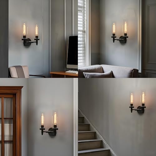 Image of Phansthy Rustic Industrial Wall Sconce Light with Tubular Clear Glass Lampshade (Double Sconce)