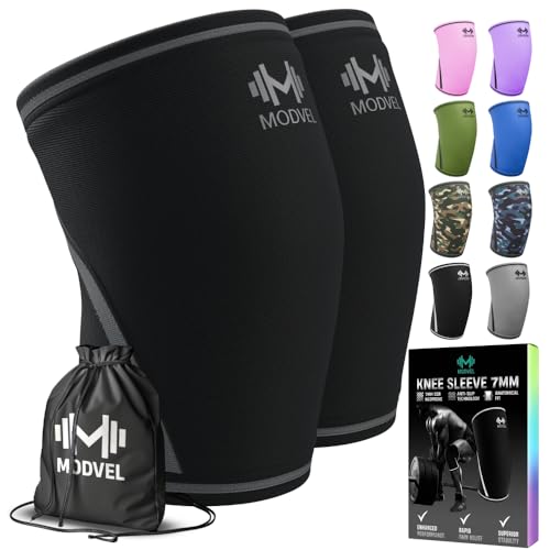 Modvel 7mm Neoprene Knee Sleeves for Men & Women Weightlifting & Powerlifting – Compression Knee Sleeve Support for Squats, Gym, Training – USPA, IPL Approved – Medium Black (Pair)