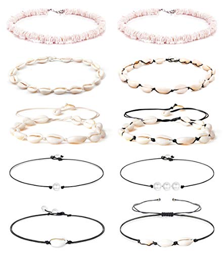 FINREZIO 10PCS Natural Puka Shell Choker Necklace Set for Women Hawaiian Seashell Beach Necklace Pearls Choker Cord Necklace Jewelry