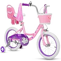 WEIZE Girls Bike for 4-7 Years Old Kids, 16 Inch Kids Bike with Training Wheels, Streamers, Basket and Doll Seat, Children Bicycles with Coaster Brake, Pink