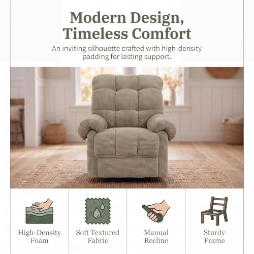 Image of Oversized Manual Recliner Chair with Side Pockets for Home, Camel