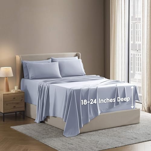 Image of Nestl Extra Deep Twin Sheet Set - 4 Piece Breathable & Cooling Sheets - Hotel Luxury Bedding Set w /18-24 Inch Deep Pockets - Easy & Secure Fit - Super Soft, Wrinkle Free & Comfy - Ice Blue
