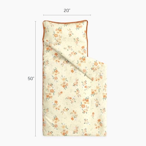 Image of Wake In Cloud - Toddler Nap Mat with Pillow and Blanket, 100% Cotton Fabric, for Kids Girls Ages 3 Plus in Daycare Kindergarten Preschool, Roll Up Sleeping Bag, Floral Flowers
