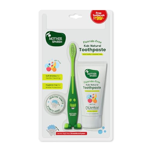 Image of Mother Sparsh Toothpaste for Kids-50g, Mix Fruit (With Free Toothbrush) | Strengthens Gums, Whitens Teeth | Preservative & Fluoride Free Baby Toothpaste | Anti Cavity + Enamel Care