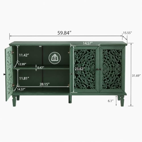 Image of Green Sideboard Cabinet with Carved Doors, Green Buffet Cabinet, Vintage Cabinet with Storage Shelves, Farmhouse Storage Cabinet for Dining Room, Living Room & Entryway