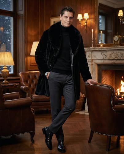 Image of Long Faux Fur Coat Outwear Black Winter Parka Overcoat for Men