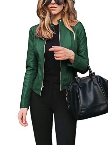 ORANDESIGNE Veste De Motard Ultra-Elegante en Cuir PU Super Doux Femmes Biker Court Blousons Slim Moto Style Manteau Vert 36