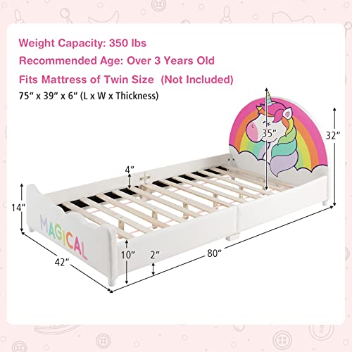 Costzon Twin Bed Frames for Kids, Wood Upholstered Twin Bed Platform with Slat Support, Padded Headboard&Footboard, No Box Spring Needed, Easy Assembly, Fits Standard Twin Mattress (Rainbow)