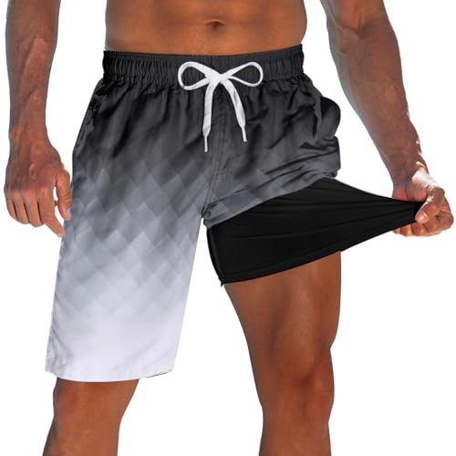 westwolf Men's Swim Trunks with Compression Liner Black White Board Shorts Guy Mens 9' Long Travel Black White Quick Dry Bathing Suits Summer Swimming Shorts with Inner Pocket Board Short M
