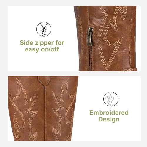 Jeossy Women's Cowboy Boots Embroided Western Cowgirl Boots Square Toe Knee High Pull on Wide Calf Shoes with Inside Zipper3