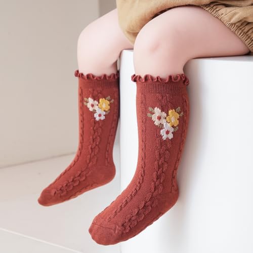 Meeshine 5 Pairs Baby Toddler Girls Knee High Socks Cotton Ruffle Flower Princess Dress Socks 0-5T Infants Newborn4