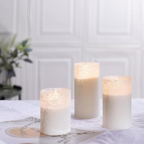 Image of White Glass Flameless Candles Remote Timer Wedding Decor Set of 3 | White Sandblasted Glass, Warm White LED Glow, Real Wax, 10 Key Remote, 2 4 6 8 Hour Timer, 3 Sizes