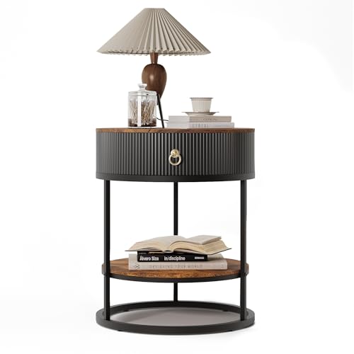 COSIEST Round End Table with Drawer, Modern Side Table with Storage, Industrial Nightstand with Drawer & Shelf, Small Bedside Table with Wood Grain for Bedroom, Office, Rustic Brown and Black