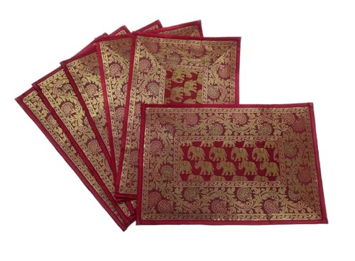 Image of Diwali Room Decor Silk Table Runner Placemats Tea Coaster Set for Living Room 4 to 6 Seater Dinning Table Table Mat Set Centre Table Top Decor Pack of 13 Pcs (Maroon)