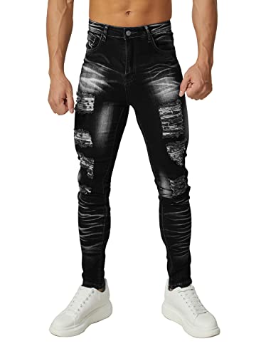 Hungson Men's Stretchy Ripped Skinny Jeans Taped Slim Fit Denim Jeans #TOP1