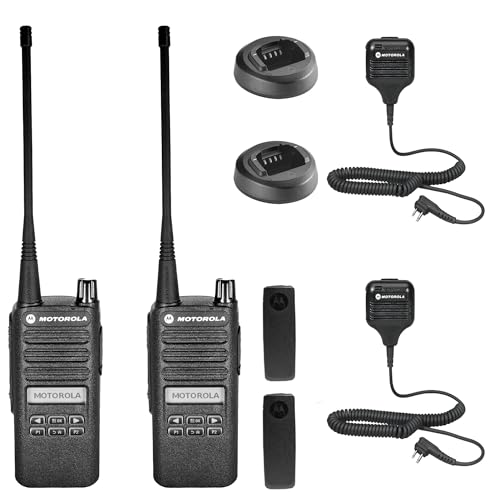2 x Motorola CP100D Analog UHF Portable Two Way Radio with Display and Limited Keypad 16 Channel 4 Watt (403-480MHz) + 2 x HKLN4606 Remote Speaker Mic - 2 Pack with Mic Bundle