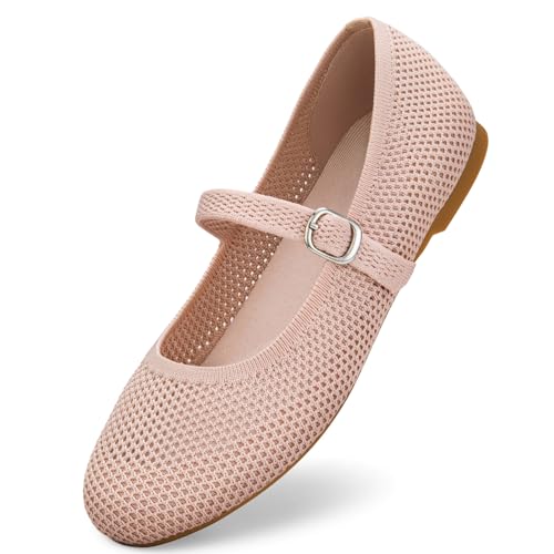 Tanamo Mary Jane Shoes Flats for Women Round Toe Shoes Ballet Flats Comfortable Dressy Adjustable Straps Casual Office Work Wedding Washable Knit Slip On Pink
