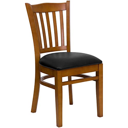 Image of Flash Furniture 4 Pk. HERCULES Series Vertical Slat Back Cherry Wood Restaurant Chair - Black Vinyl Seat | Vertical Slat Back, Wood FrameVinyl Upholstery, Durable Construction, Commercial Use