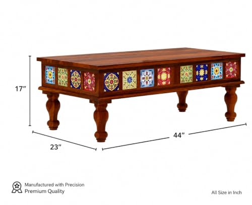 Image of Sheesham Wood Rectangle Center Coffee Table for Living Room | Centre Table for Drawing Room, Office & Home | Multicolor Tiles Design| Honey Finish