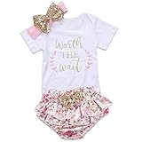 Baby Girl Summer Outfit Clothes Infant Newborn Antler Short Sleeve Romper Ruffled Shorts Headband 3Pcs Clothing Set (0-3 Months, Worth The Wait)