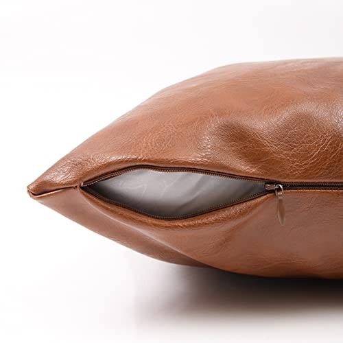 Image of Fancy Homi Brown Boho Lumbar Faux Leather Decorative Throw Pillow Covers 12x20 Inch for Living Room Couch Bed Sofa, Hand Stitched Rectangle Cushion Case 30x50 cm, Rustic Modern Farmhouse Home Decor