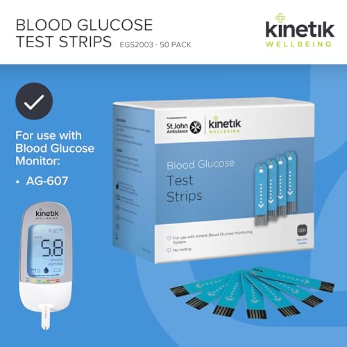 Kinetik Wellbeing Blood Glucose Test Strips, Pack of 50 - Compatible with Kinetik Monitor AG-607 - Home Diabetic Glucose Strips Used by the NHS - For Blood Sugar Level Monitors & Diabetes Management
