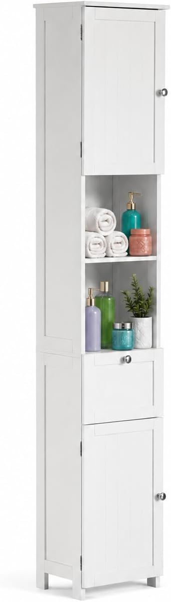 Basicwise White Tall Narrow Linen Tower Cabinet Freestanding Bathroom Storage Organizer with Shelves for Towels Toiletries Vanity Laundry Room Hallway Apartment Small Spaces Space Saving Furniture