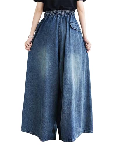 SEMATOMALA Women's Wide Leg Baggy Culottes Jeans Pants Plus Size Loose Fit Elastic Waist Palazzo Denim Pants3