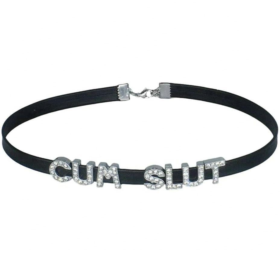 CUM SLUT Rhinestone Choker Necklaces For Wife and Husband,Artifical Crystal Punk PU Leather Collar Chokers For Lover,Gothic Letters Jewelry For Women3