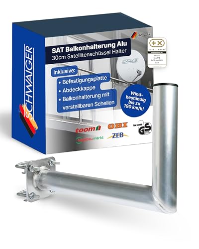 SCHWAIGER SAT Balkonhalterung 30 cm I Satellitenschüssel Halterung für SAT-Schüsseln bis ∅ 90 cm I Windbeständig bis zu 190 km/h I Balkonhalter aus rostfreiem Aluminium I Inkl. Befestigungsmaterial