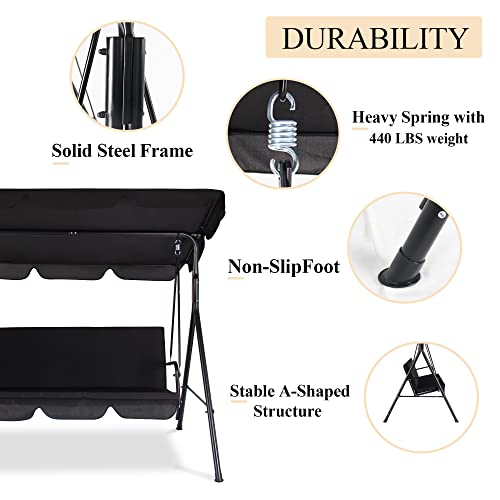 Coveronics 3-Person Porch Swing Chair, Adjustable Canopy Outdoor Swing With Steel Frame, 440 Lbs Patio Swing For Yard, Lawn, Garden, Pool, Indoor (Black) #TOP4