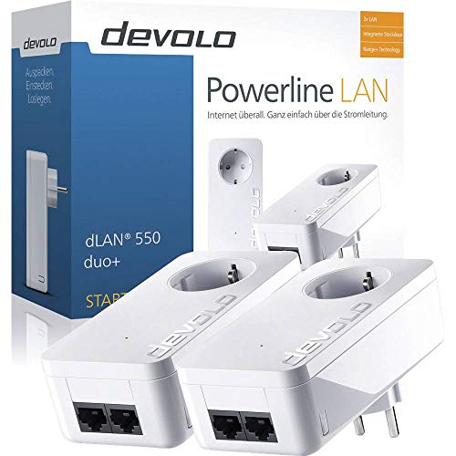 devolo LAN Powerline Adapter, dLAN 550 duo+ Starter Kit -bis zu 500 Mbit/s, Powerlan Adapter, LAN Steckdose, 2x LAN Anschluss, weiß