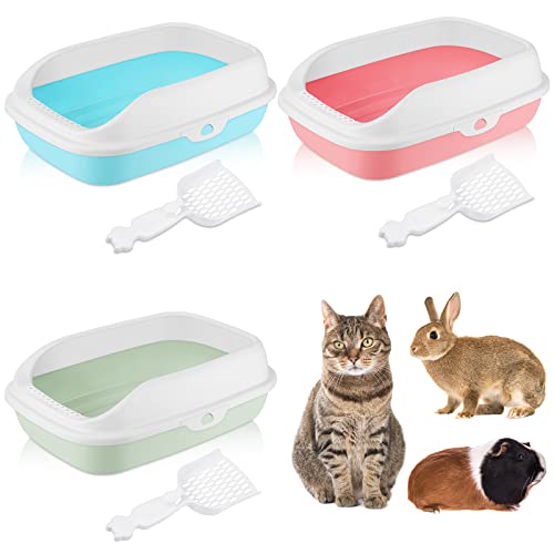 3 Pieces Plastic Cat Litter Boxes With Scoop Top Open Kitten Litter Pan Assorted Colors Cat Litter Tray For Small Large Cat Dog Supplies, Blue, Green, Pink (High Edge Style) #TOP5