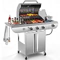 Electactic 3-Burner Propane Gas Grill with Side Burner, 34,000 BTU, Stainless Steel Barbecue Grill with Cast Iron Grates, Built-In Thermometer, Portable BBQ Grill for Outdoor Cooking, Patio,Camping