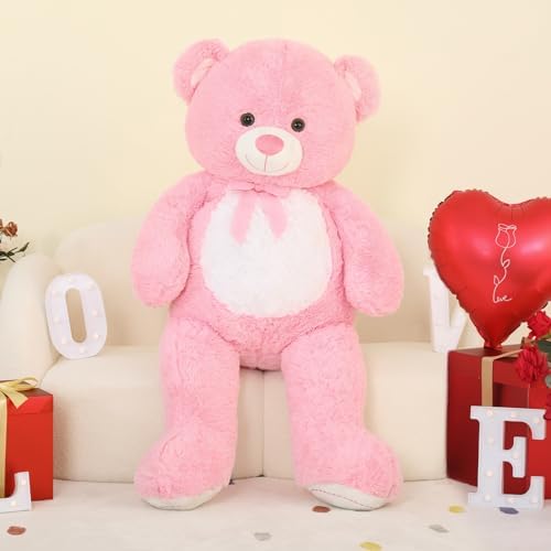 MorisMos Giant Teddy Bear Stuffed Animal, 130cm XXL Pink Cuddly Teddies Soft Toy, Large Teddy with White Belly Big Bear Fluffy Plush Gift for Girlfriend Kids Wife Birthday Baby Shower Decorations