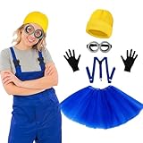 JrnSvp Karneval Kostüm Damen, 5 Stück Karneval Kostüm Gelb Hut Brille Schwarz Handschuhe Hosenträger und Blau Röcke, für Karneval Halloween Cosplay Halloween