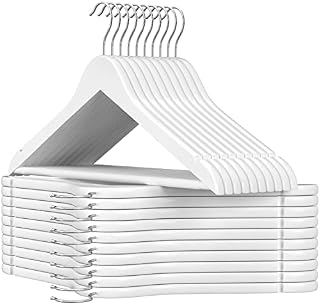 SONGMICS Wooden Hangers, Set of 20, Coat Hangers, Clothes Hangers, with Shoulder Notches, Anti-Slip Trousers Bar, 360° Swivel Hook, for Suits, Shirts, Coats, White and Silver CRW03W-20