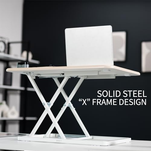 Image of VIVO Ultra-Slim Single Top Height Adjustable Standing Desk Riser, Compact Sit Stand Desktop Converter for Monitor or Laptop, Light Wood, DESK-V001JF