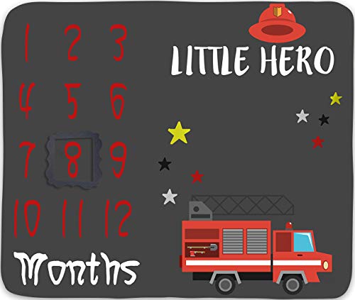 Image of Little Hero Milestone Blanket, Cartoon Fire Truck Blanket, 47x40 inches Photography Blanket for Baby Boy, Soft Fabric Blanket for Growing Infants, EADS477