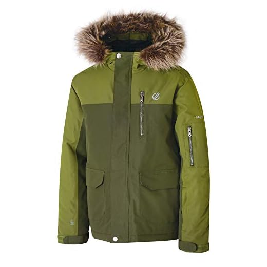 Dare 2b - Chaqueta de esquí y Snowboard para niños con Forro de Piel sintética extraíble y Falda de Nieve, Impermeable, Niños, Color Mantis Green/Racing Green, tamaño 5-6