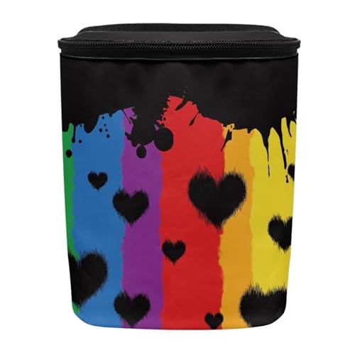 Image of Rainbow Stripes Love Hearts Auto Car Trash Can Rainbow Flag LGBTQ Car Garbage Bag with Lid Washable Leak Proof Car Trash Bin Hanging for Women Men