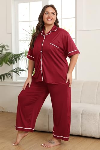Image of Vozanet Women's Plus Size Pajamas Button Down Shirt and Pants Soft Lounge Sets Bride Nighty Bottom with Pockets 1x to 5x