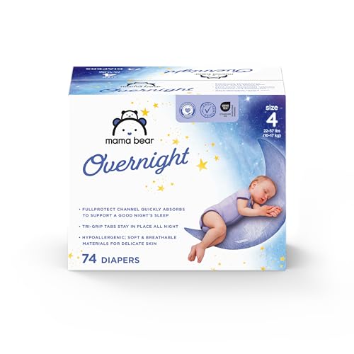 Amazon Brand - Mama Bear Overnight Baby Diapers with Leak Protection, Fragrance-Free, Size 4, 74 Count, Nighttime Protection, Leakproof with Leak Guards