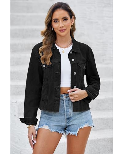 Image of luvamia Denim Jacket for Women Distressed Jean Jackets Button Up Vintage Western Trucker Jacket Frayed Hem Pockets