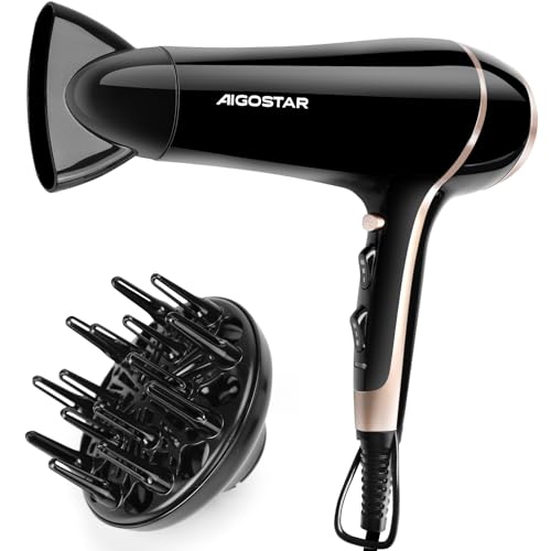 Aigostar Secador de Pelo Profesional 2400W Secador Iónico con Difusor y Boquilla Secado Rápido 3 Temperaturas 2 Velocidades+Botón de Aire Frío, Diario, Hogar, Peinado de cabello largo, Negro