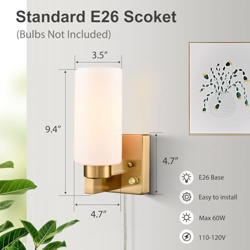 Image of DEYNITE Modern Plug in & Hardwired Wall Sconce Brass Bathroom Vanity Light | Set of 2 Wall Mounted Light with milky white glass shade rotary on /off dimmable switch for bathroom bedroom