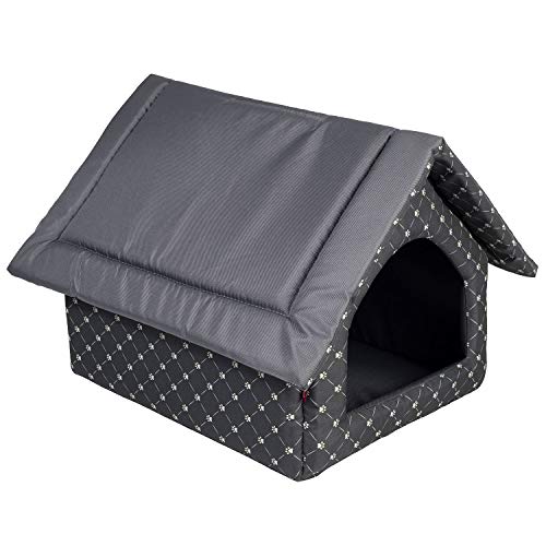 Elegant Hundehöhle, Hundehütte | Größe XL: 44 x 55 x 43 cm | Farbe: Schwarz - Muster: Pfoten | Hundehaus für mittlere und Große Hunde | Katzenhaus, Katzenhöhle