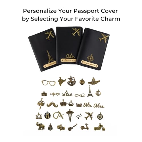 Image of AICA Personalised Name & Charm Leather Passport Cover Holder for Men & Women (Black)