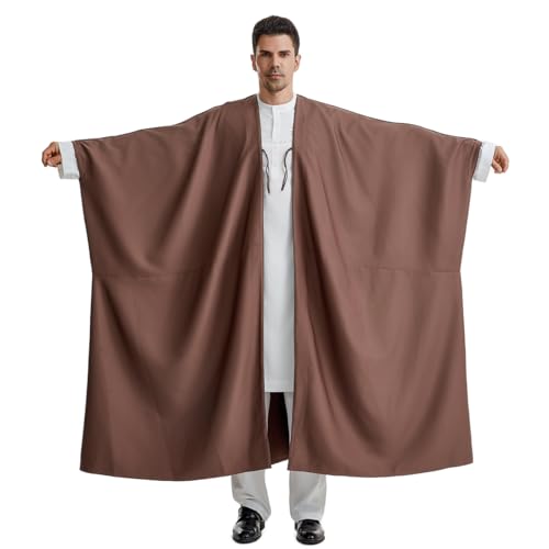 Muslim Men's Pure Color Long Sleeves Bisht Cardigan Robe Ramadan Eid Thobe (Coffee, Medium)
